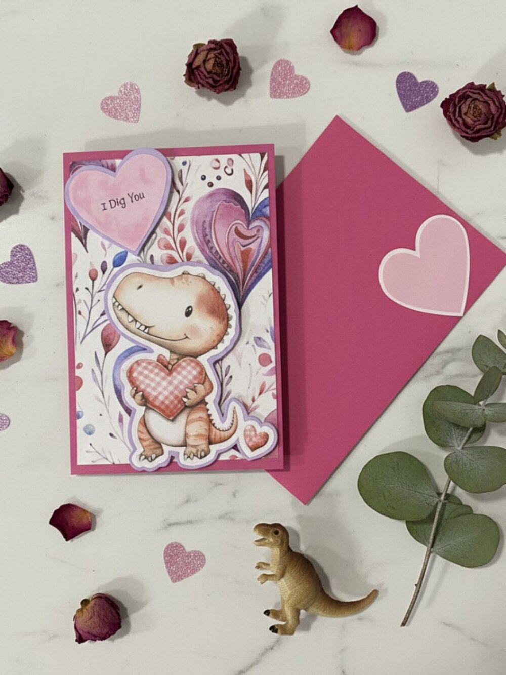 I Dig You! Cute T-Rex Dinosaur Valentine's Day Card with Matching Envelope